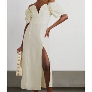 NWT Cult Gaia Muna Raw Edge Linen Off Sleeve Cream Puff Sleeve Dress 2